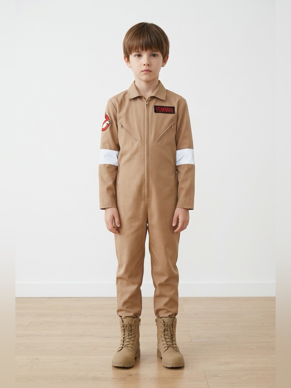 Kids Tan Ghostbuster-Style Jumpsuit Costume with White Arm Stripe